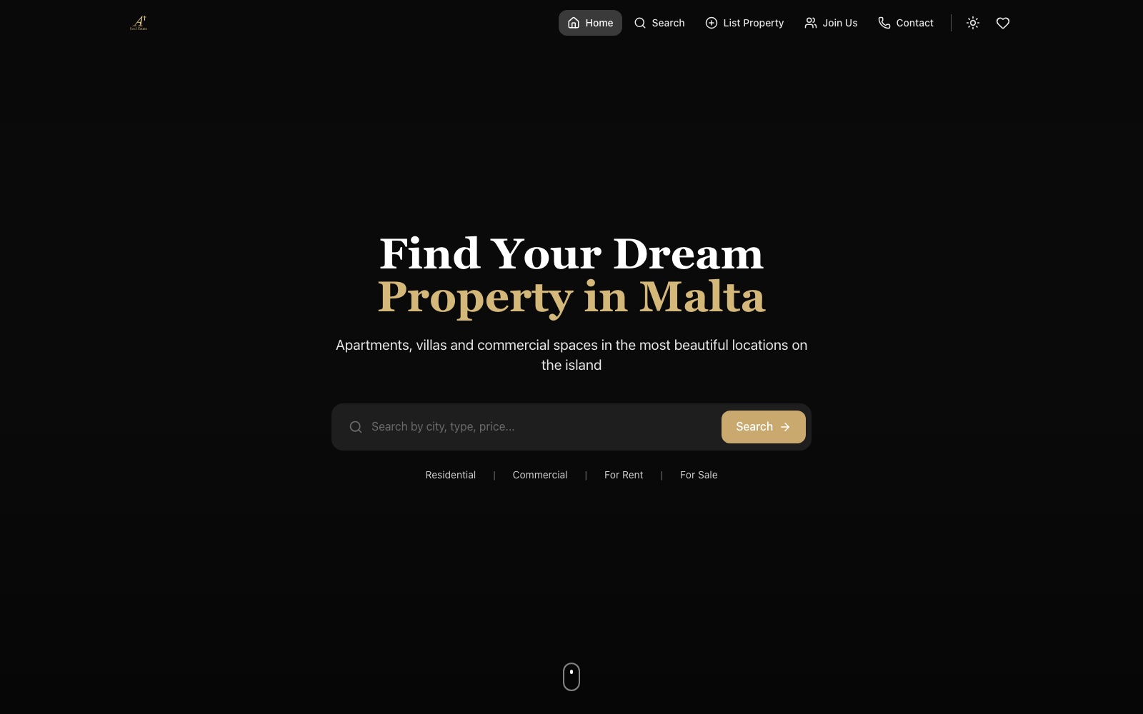 A+ Malta homepage — hero section with search by city, type, price