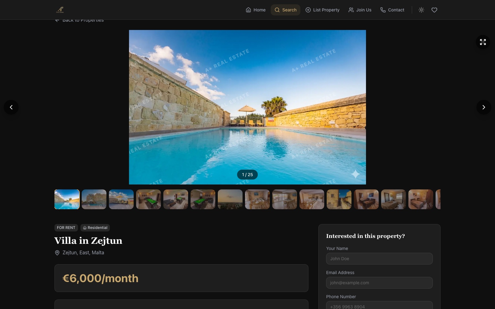 A+ Malta listing detail — 5-bedroom villa in Zejtun with pool, image gallery and enquiry form