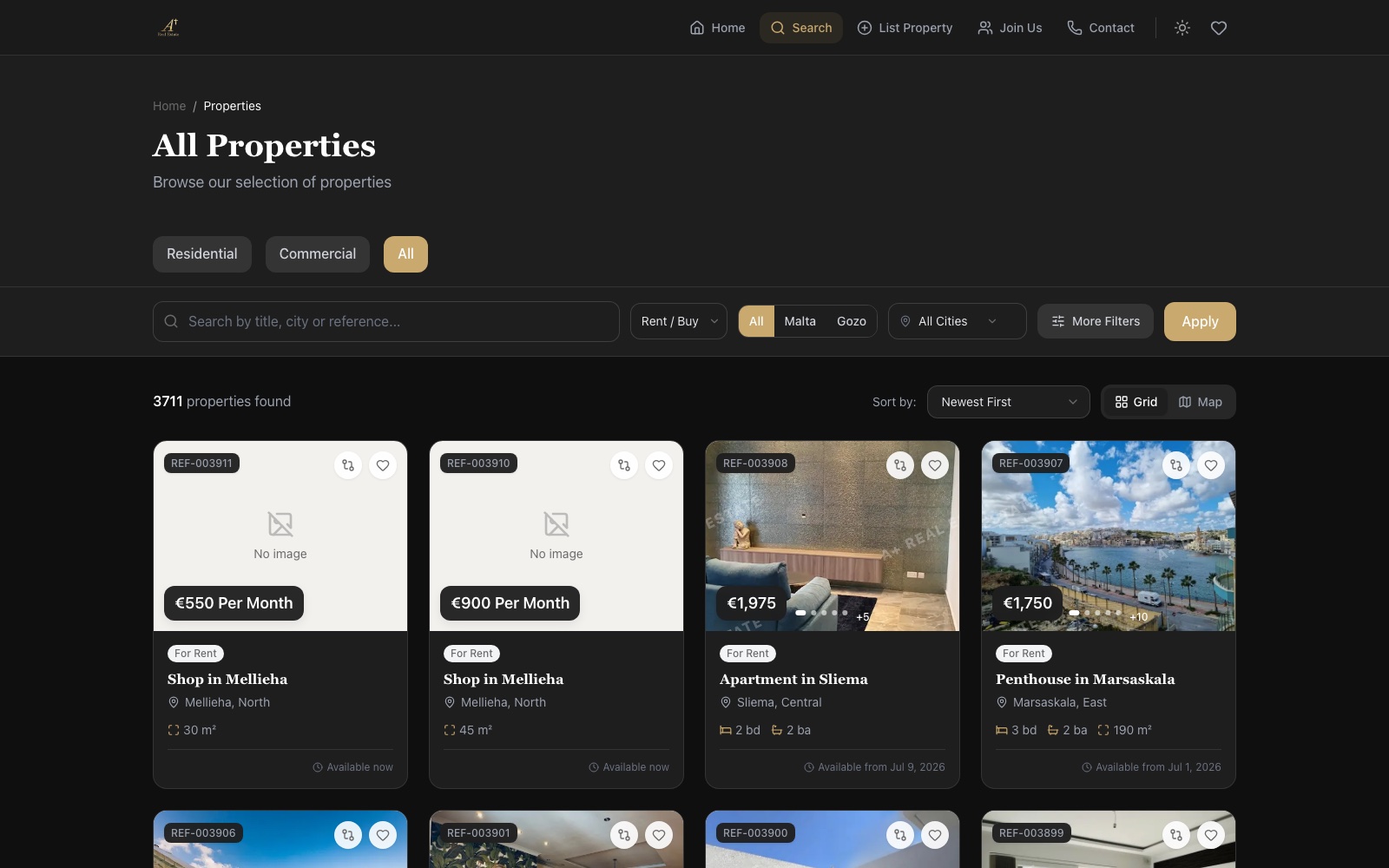 A+ Malta property search results — 3,500+ listings with filters by buy/rent, city, price, and bedrooms